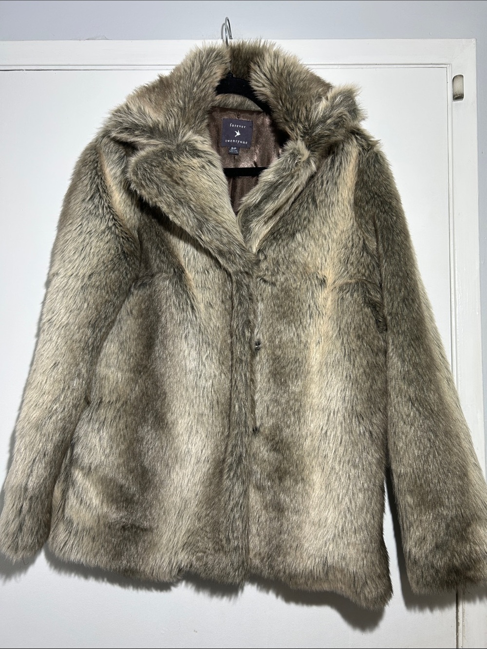 Forever 21 Faux Fur Teddy Jacket Coat Taupe Size S 2 Pockets